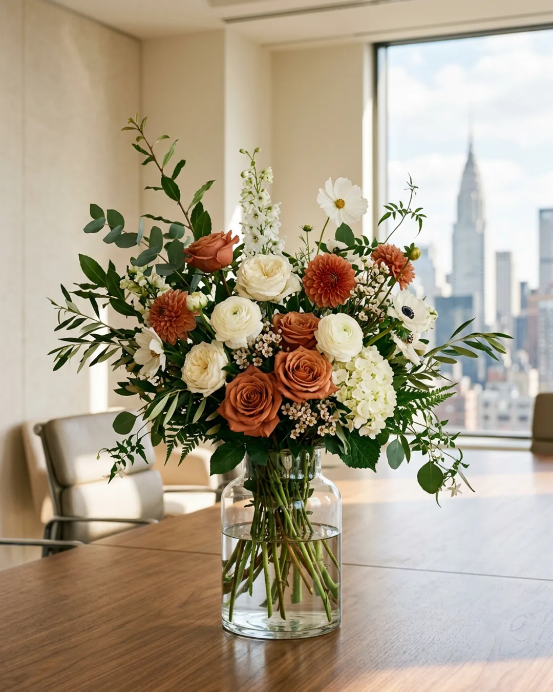 Mixed arrangement on a conference table in a Midtown Manhattan office