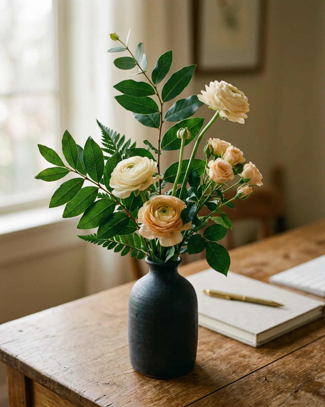 Single stem arrangement in a ceramic bud vase on an office desk