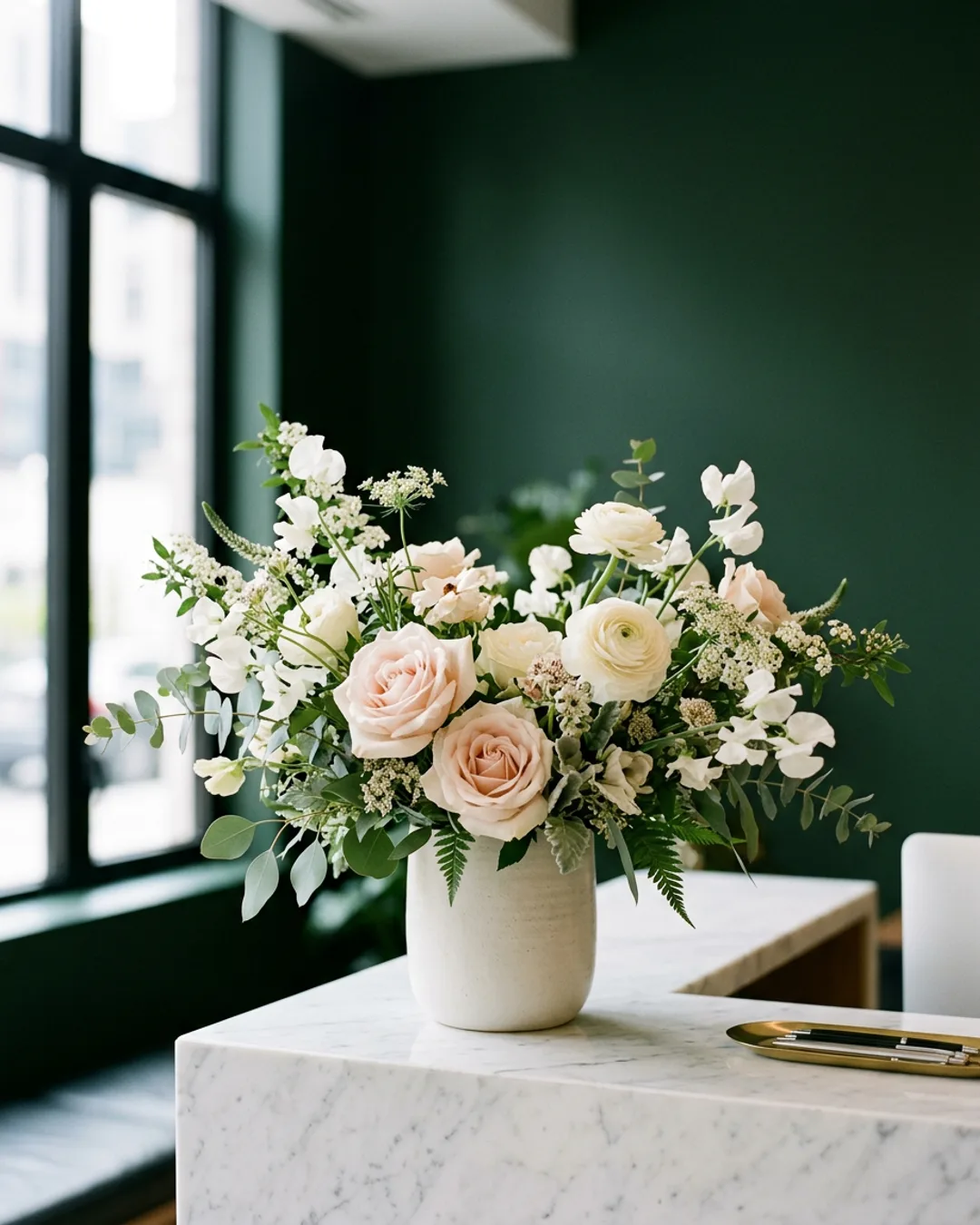 White and blush arrangement on a marble reception desk in a NYC office lobby