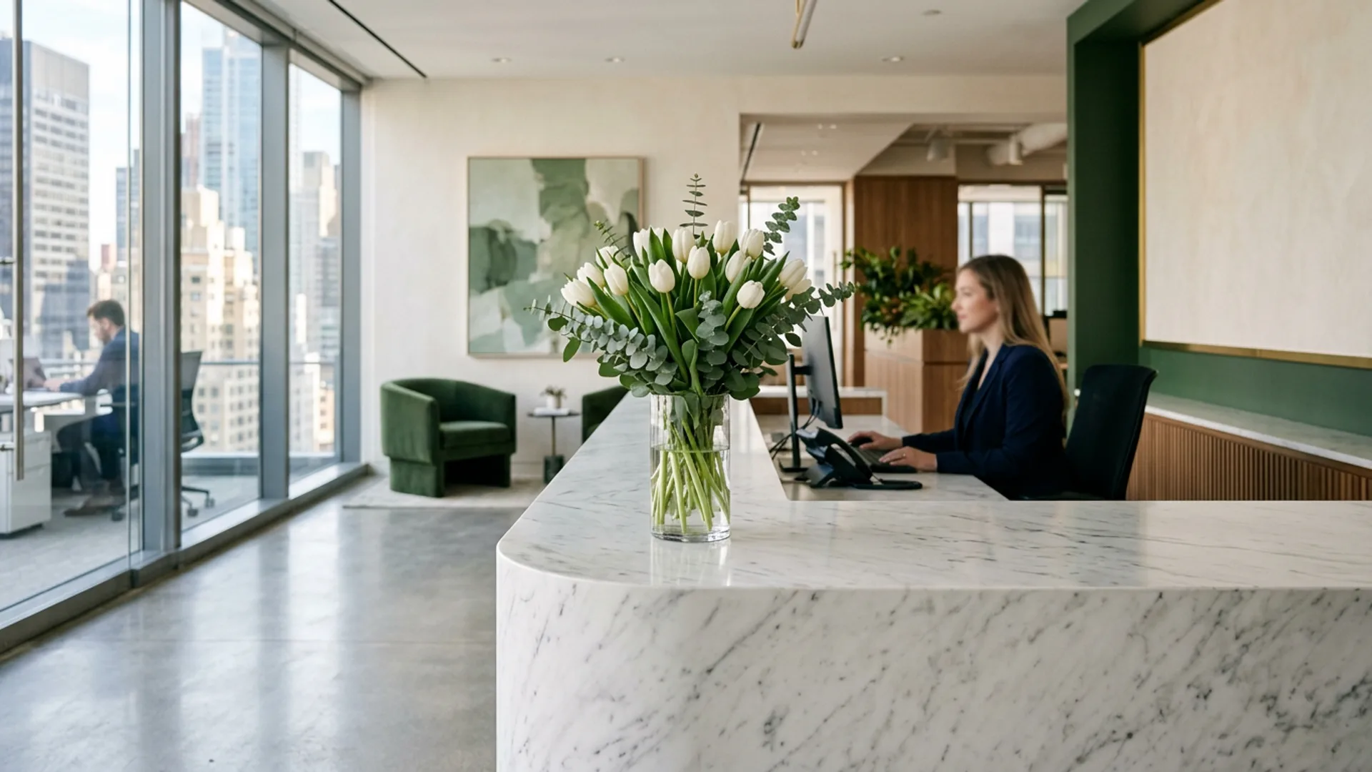 Fresh flowers in a NYC office reception
