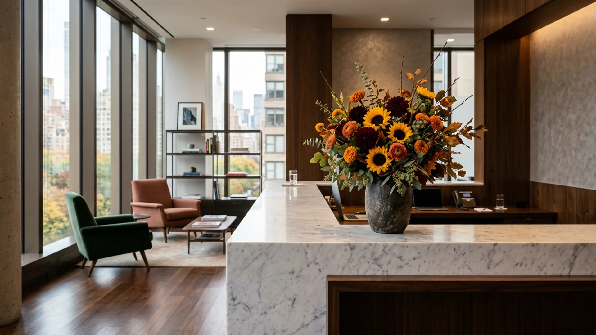Autumn floral arrangement on a Manhattan office reception desk